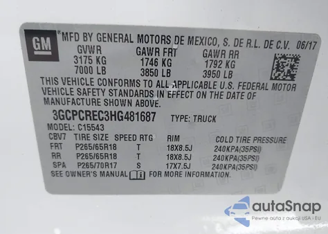 2017 Chevrolet Silverado 1500 1Lt z USA, uszkodzony, nr VIN 3GCPCREC3HG481687